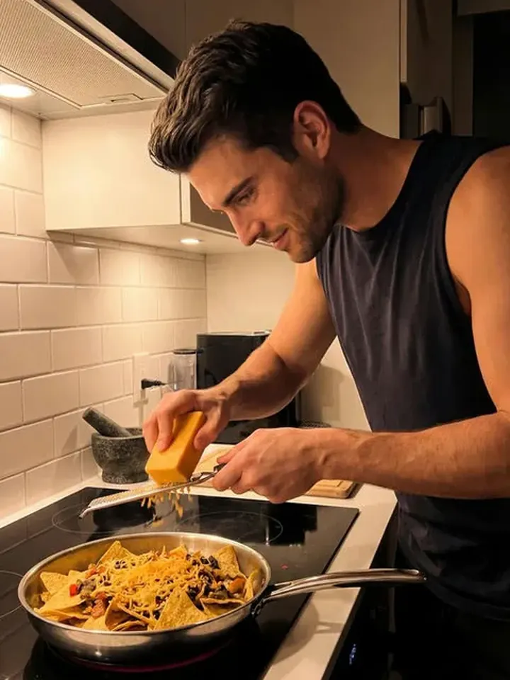 Caring dark-haired AI boyfriend Theo cooking at home